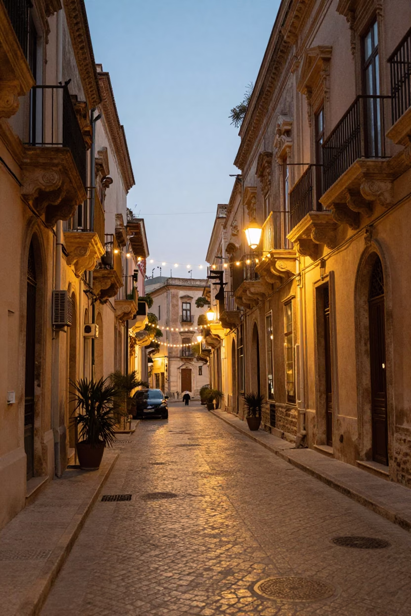 Palermo Italy Evening Street Scene with String Lights and Local Market Activity in in Palermo, Italy