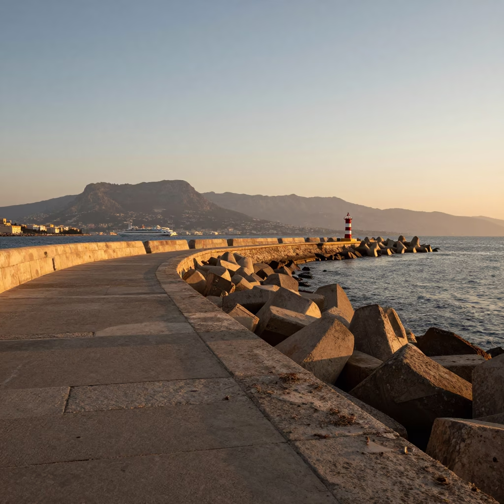 Palermo Italy Golden Hour Harbor Breakwater Curve Beacon and Ferry Mountains in in Palermo, Italy