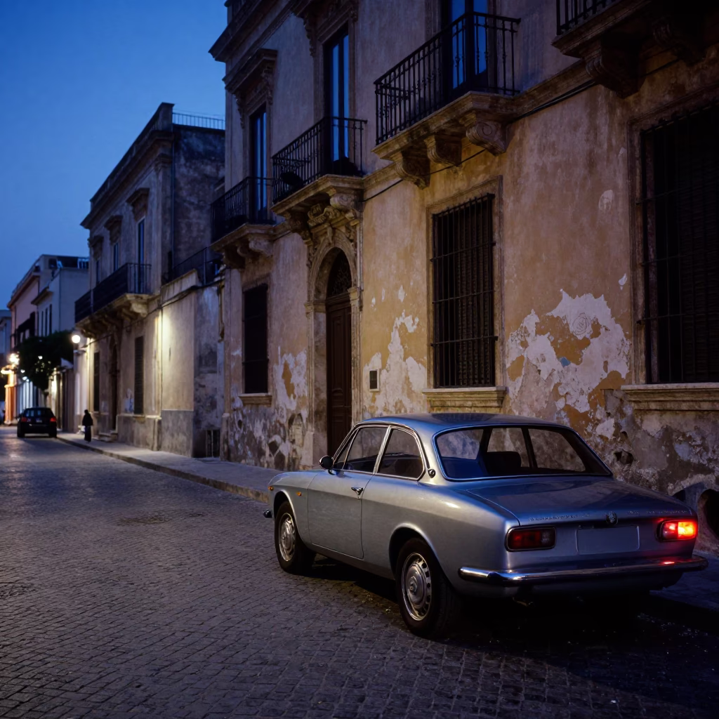 Palermo Italy indigo twilight street scene with car tail light reflections in wet pavement in in Palermo, Italy