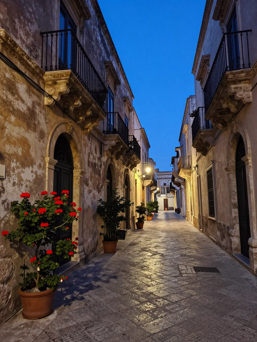 Palermo Italy Indigo Twilight Street Scene with Geraniums and Local Life in in Palermo, Italy