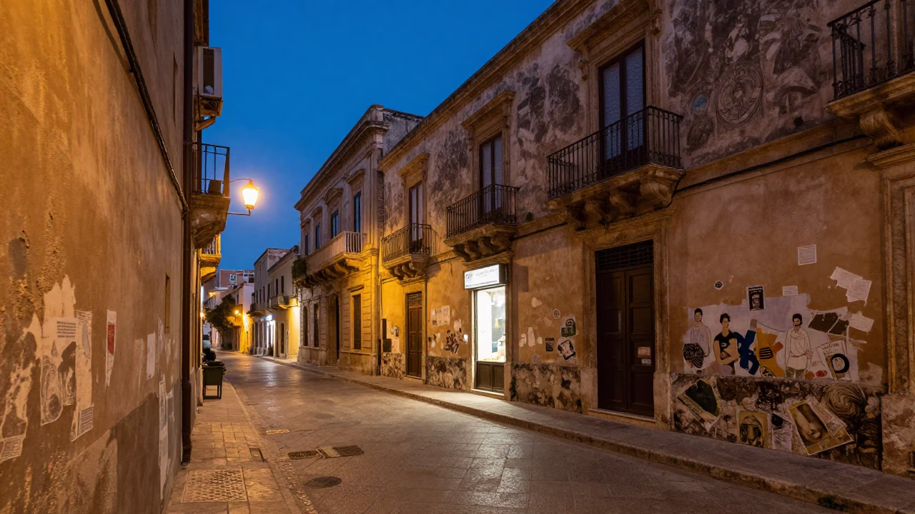 Palermo Italy indigo twilight street scene with historic architecture and local life in in Palermo, Italy