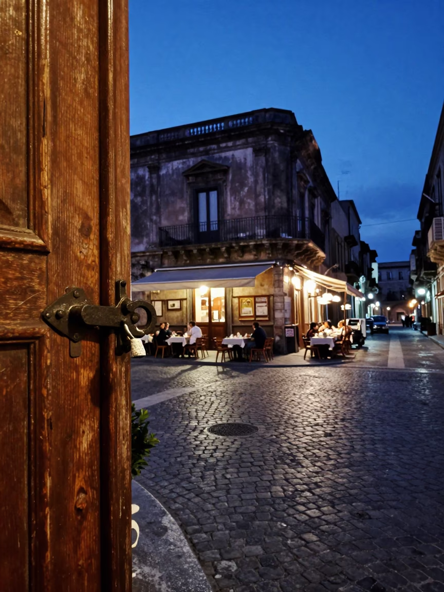 Palermo Italy Indigo Twilight Street Scene with Iron Deadbolt and Shoebox in in Palermo, Italy