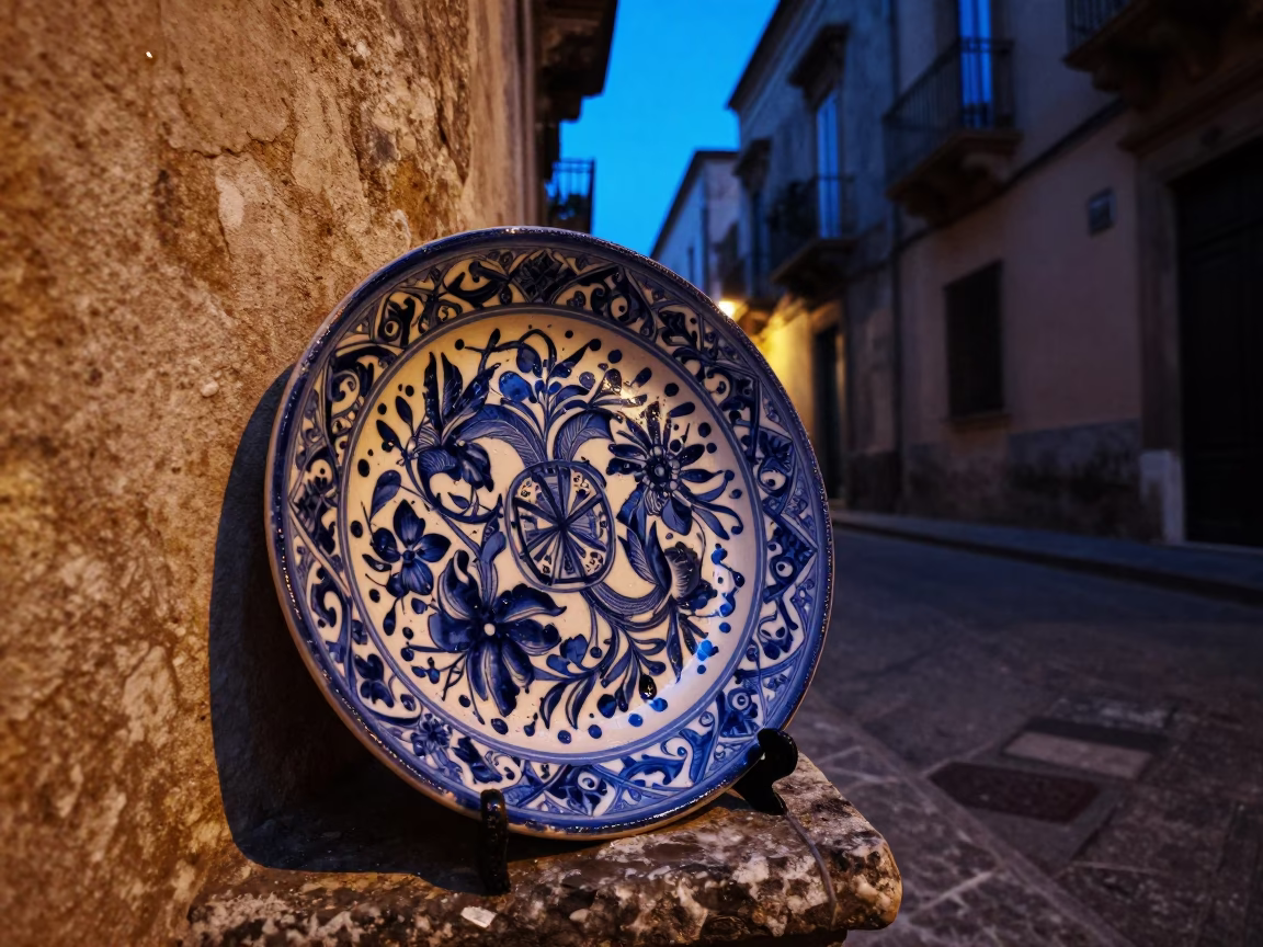 Palermo Italy Indigo Twilight Street Scene with Vintage Majolica Plate and Condensation on Wall in in Palermo, Italy