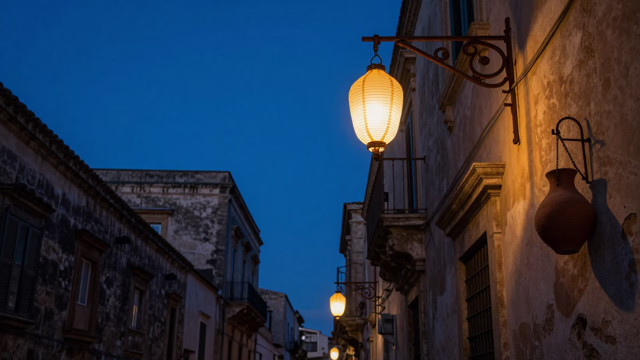 Palermo Italy Pre-Dawn Street Scene with Hanging Lantern and Clay Pot in in Palermo, Italy