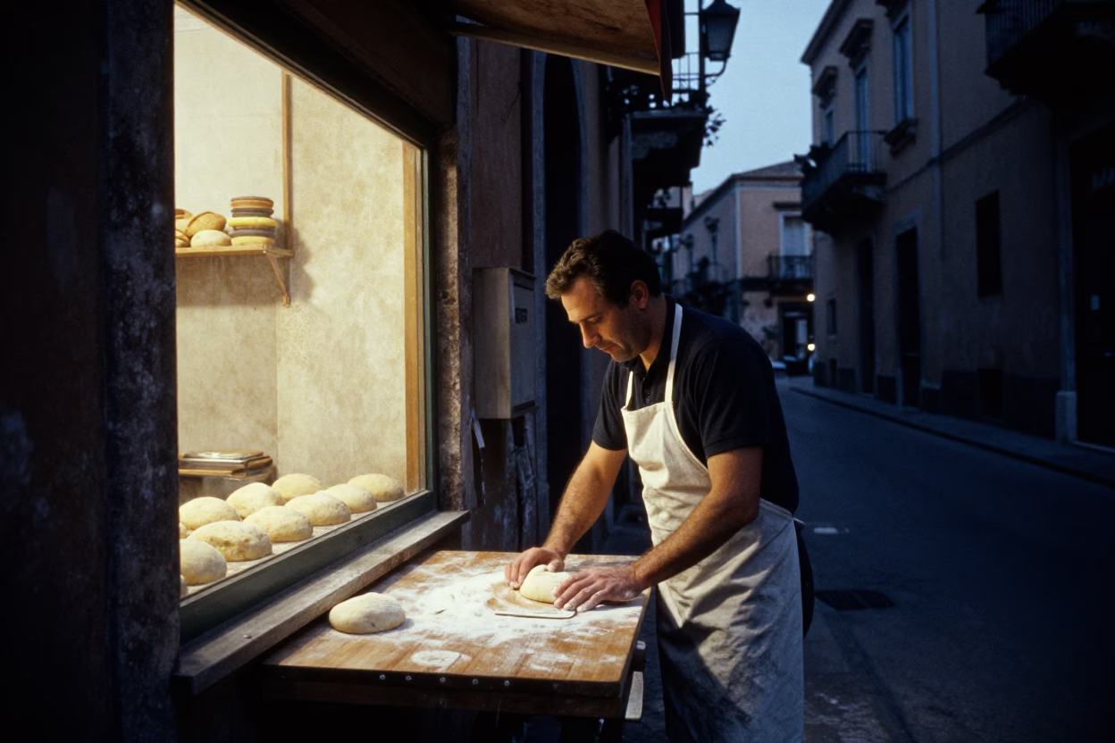 Palermo Italy Predawn Street Scene with Baker Scoring Dough and Vintage Coat Stand in in Palermo, Italy