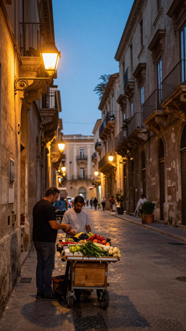 Palermo Italy Street Scene at Dusk with Local Vendor and Bottle in in Palermo, Italy