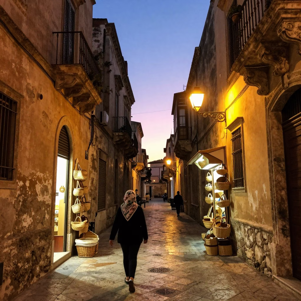 Palermo Italy Street Scene at Dusk with Traditional Architecture and Local Life in in Palermo, Italy