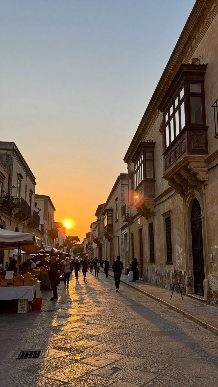 Palermo Italy Street Scene at Sunset with Local Market Activity and Traditional Architecture in in Palermo, Italy