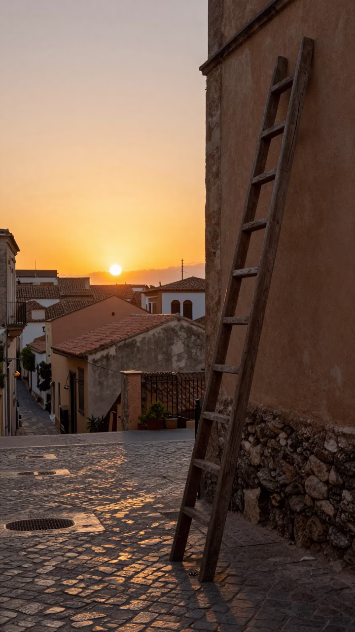 Palermo Italy Street Scene at Sunset with Wooden Ladder and Local Life in in Palermo, Italy