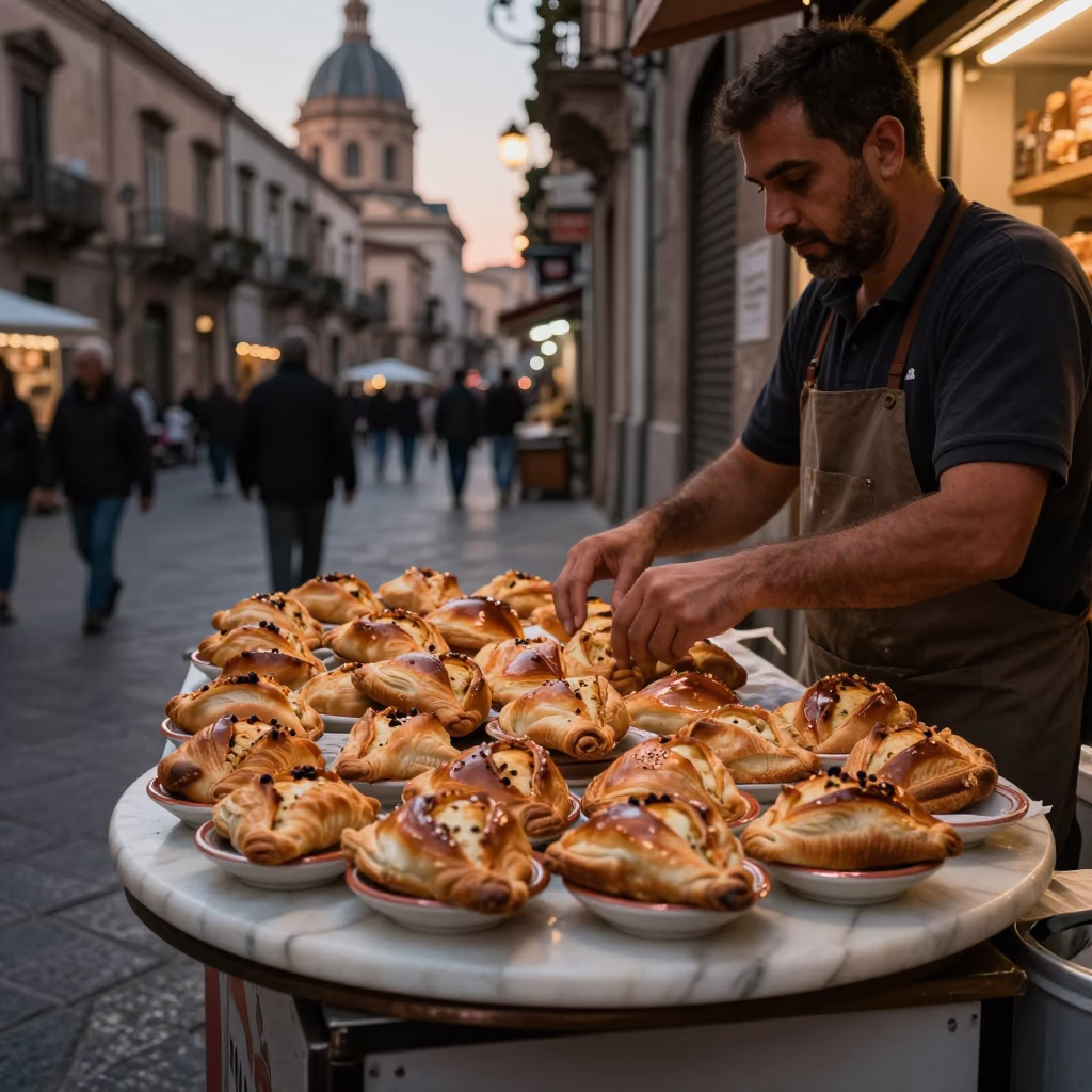 Palermo Italy street scene before dusk with marble pastry tray and coffee grinder in in Palermo, Italy