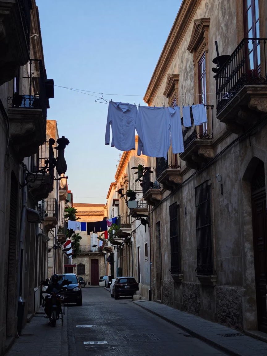 Palermo Italy street scene before sunrise with laundry and urban architecture in in Palermo, Italy