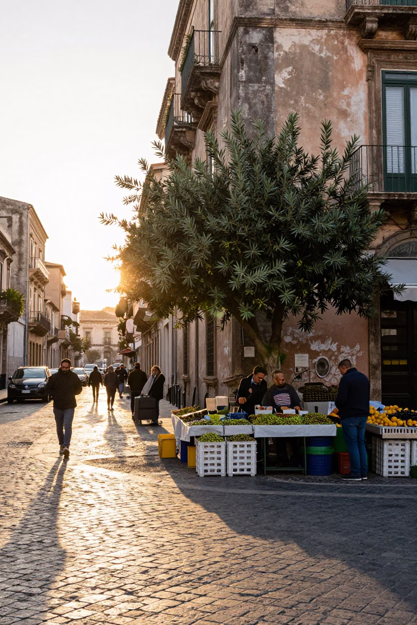 Palermo Italy Sunrise Street Scene with Olives and Local Market Activity in in Palermo, Italy