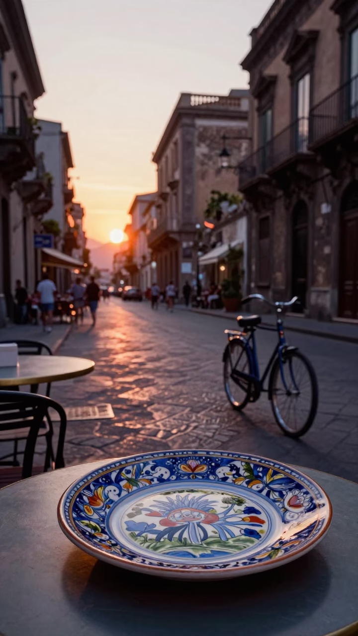 Palermo Italy Sunset Street Scene Vintage Majolica Plate and Bicycle at Cafe in in Palermo, Italy