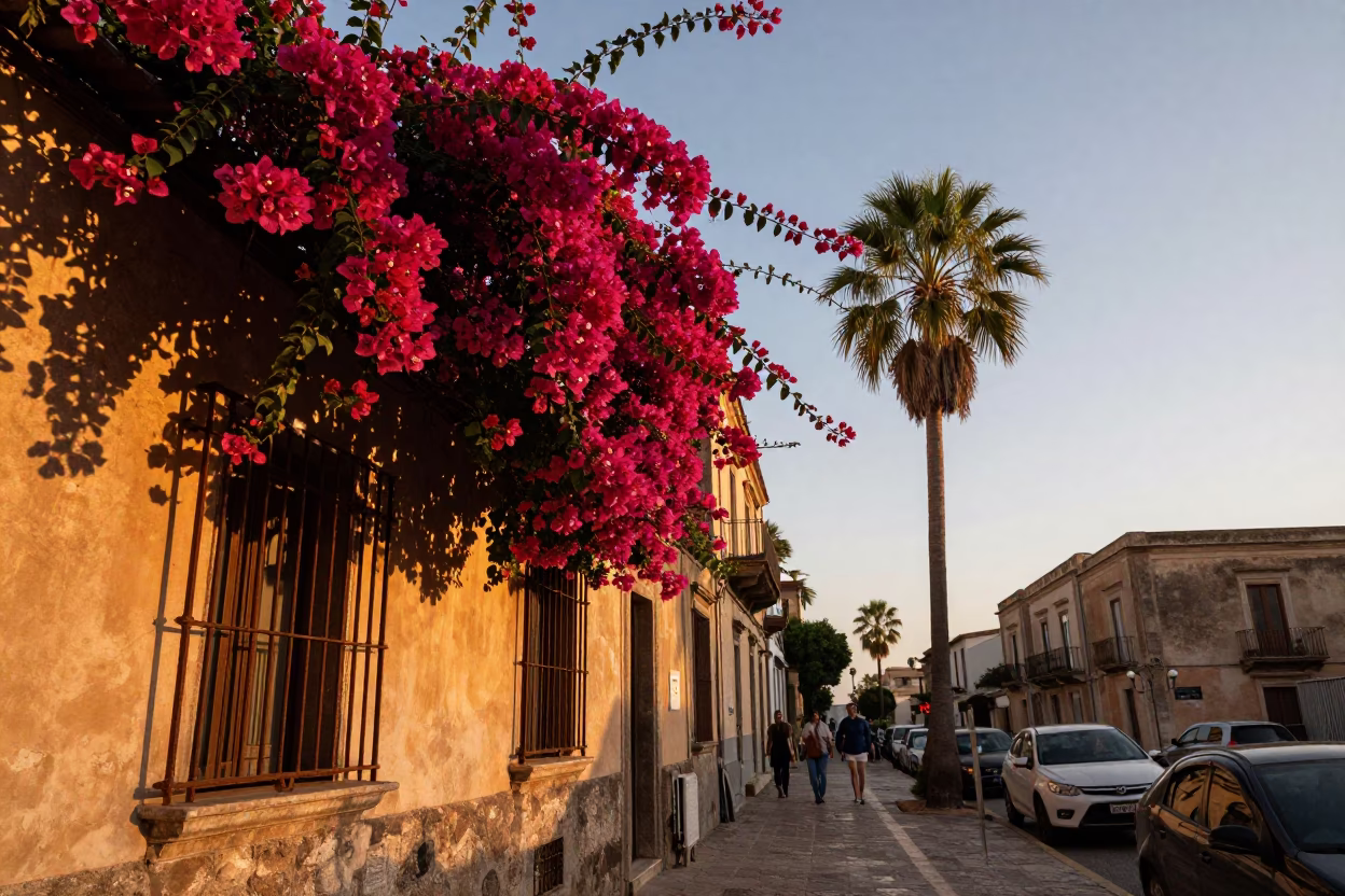 Palermo Italy Sunset Street Scene with Bougainvillea and Palm Silhouette in in Palermo, Italy