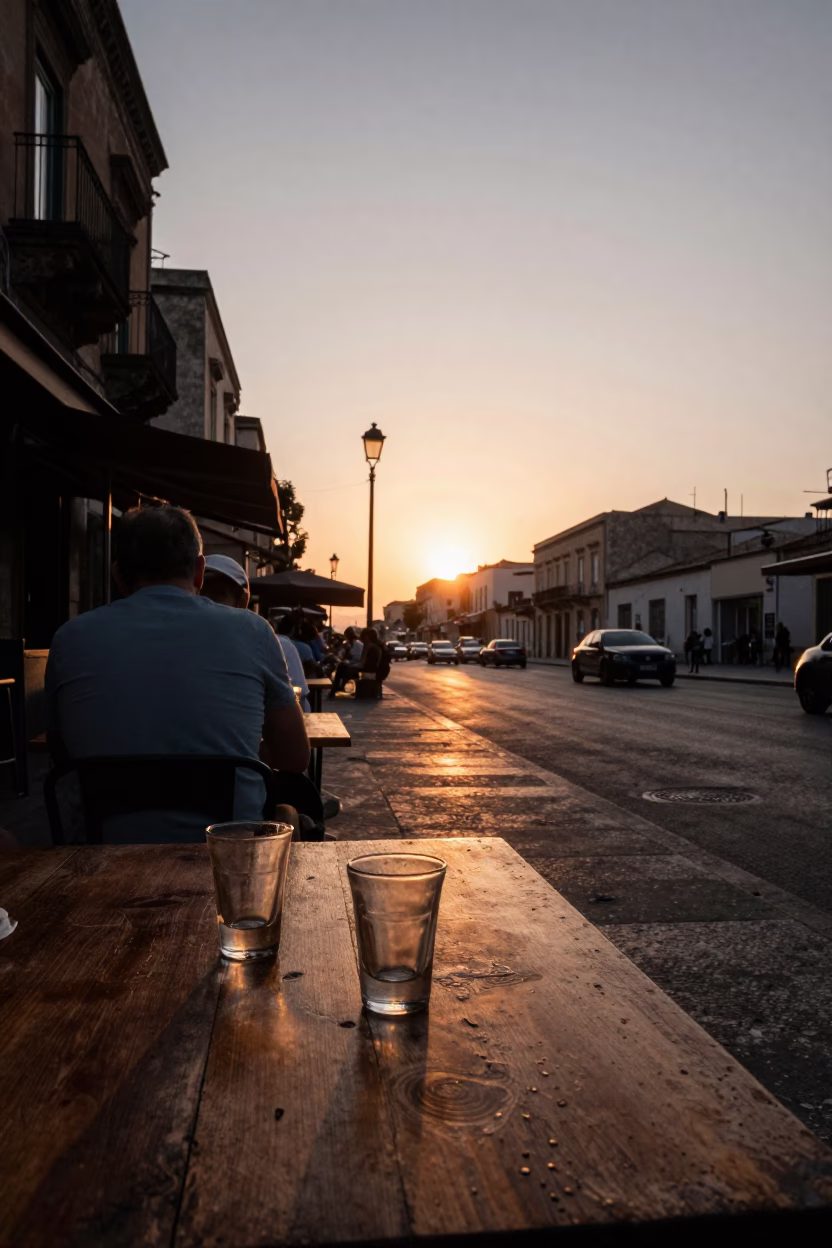 Palermo Italy Sunset Street Scene with Glass Tumblers on Cafe Table in in Palermo, Italy