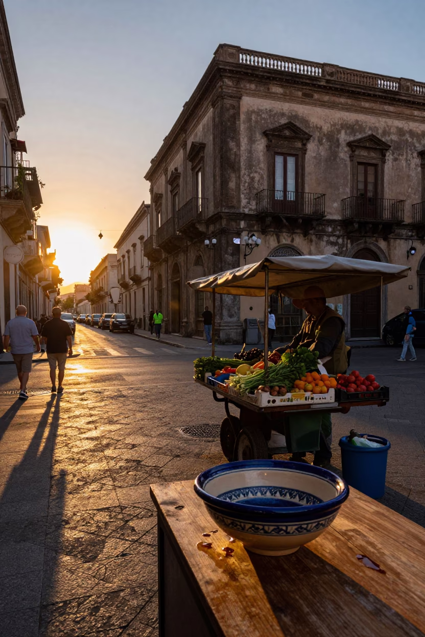 Palermo Italy Sunset Street Scene with Glazed Ceramic and Grease Sheen in in Palermo, Italy