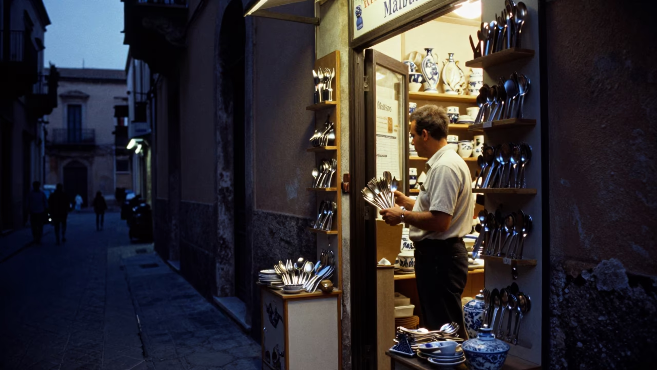 Palermo Italy Twilight Street Scene with Cutlery and Deadbolt Details in in Palermo, Italy
