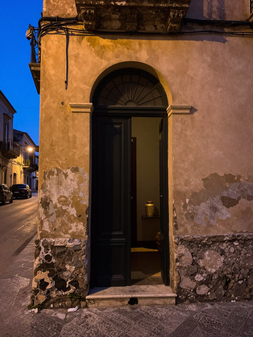 Palermo Italy Twilight Street Scene with Traditional Doorframe and Evening Ambience in in Palermo, Italy