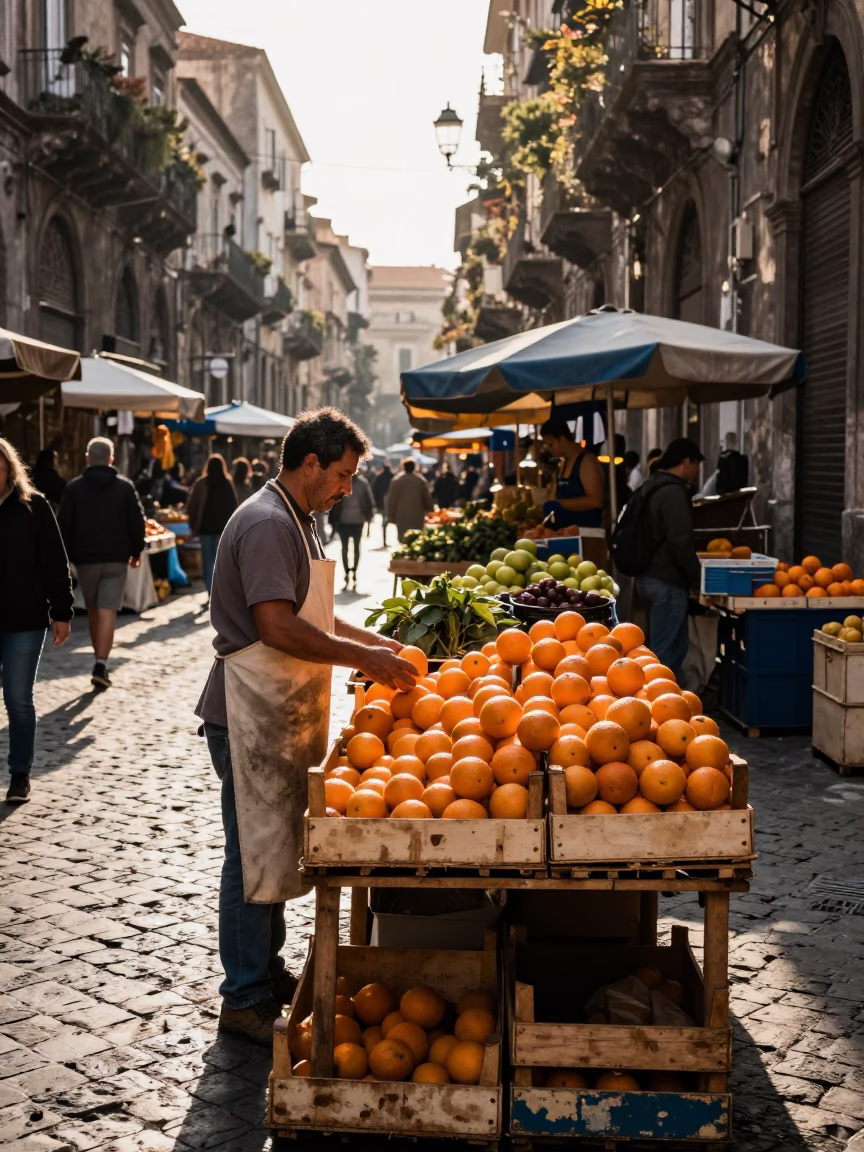 Palermo Market Scene at As First Light Reaches The Scene in in Palermo, Italy