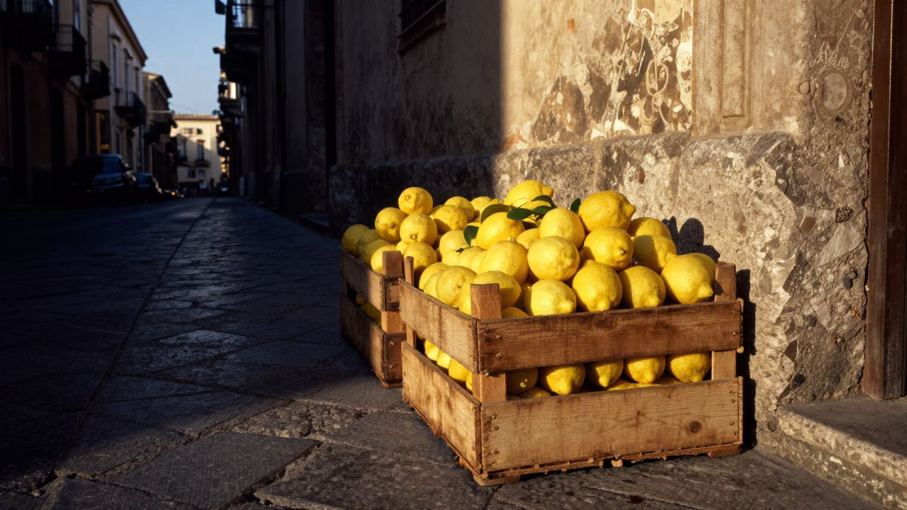 Palermo Sicily Early Evening Street Scene with Lemons and Construction Elevator Gate in in Palermo, Italy