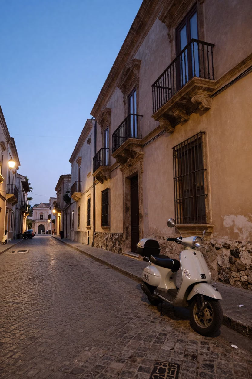 Palermo Sicily Early Evening Street Scene with Vintage Motorcycle and Traditional Architecture in in Palermo, Italy