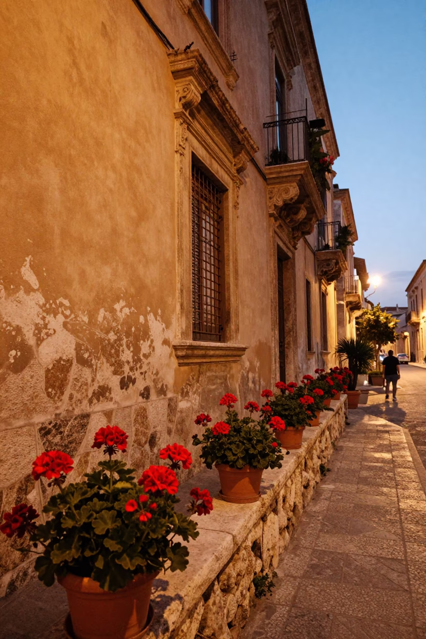 Palermo Sicily Evening Street Scene with Potted Geraniums and Traditional Archery Display in in Palermo, Italy