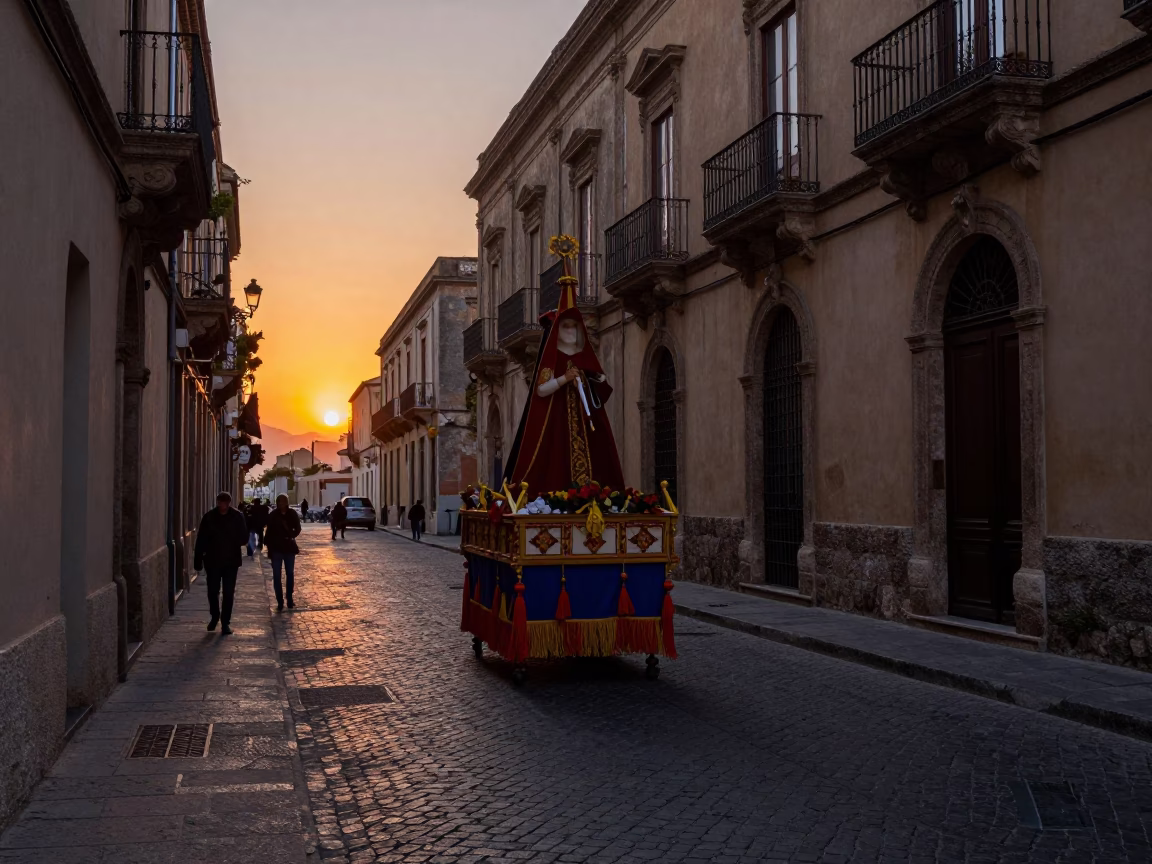 Palermo Sicily Evening Street Scene with Processional Float and Traditional Architecture in in Palermo, Italy