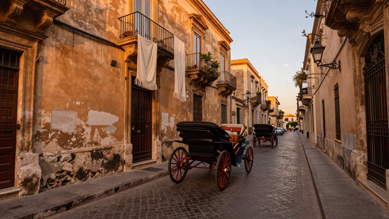 Palermo Sicily Evening Street Scene with Vintage Carriage and Local Architecture in in Palermo, Italy
