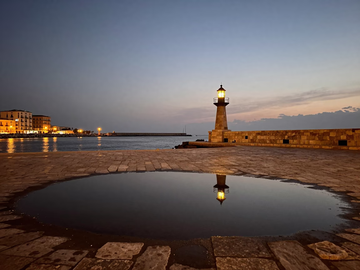 Palermo Sicily Harbor Evening Breakwater Beacon and Puddle Reflections in in Palermo, Italy