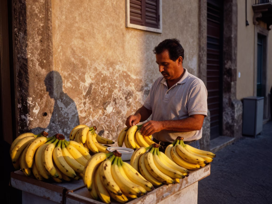 Palermo Sicily Italy Evening Street Scene with Banana Stall and Traditional Architecture in in Palermo, Italy