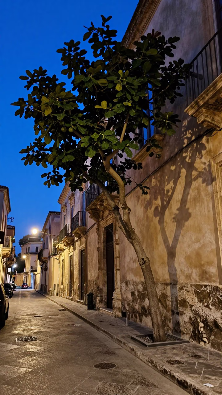 Palermo Sicily Italy indigo twilight street scene with fig tree and stone architecture in in Palermo, Italy