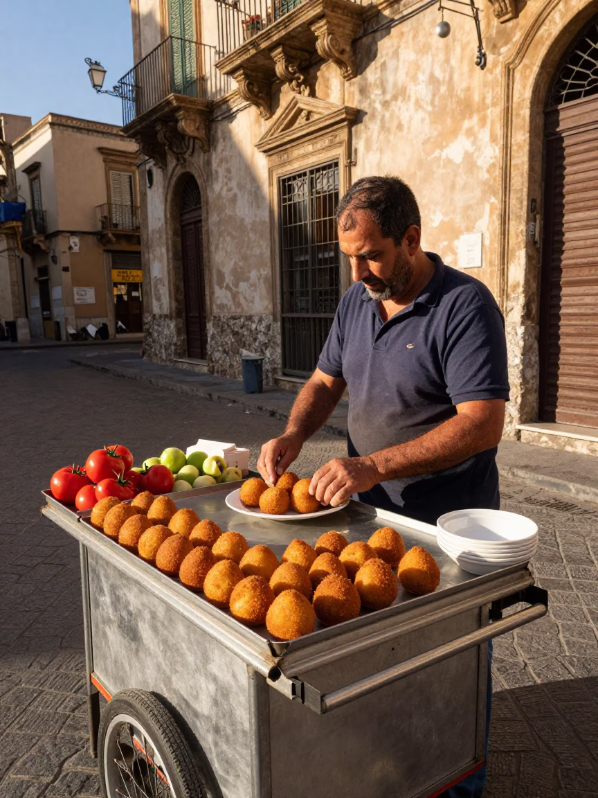 Palermo Sicily Italy street food vendor serving traditional arancini in late afternoon sunlight in in Palermo, Italy