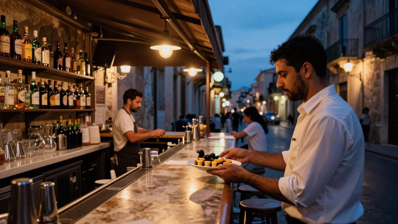 Palermo Sicily Italy Twilight Street Scene with Bar Counter and Condor in in Palermo, Italy