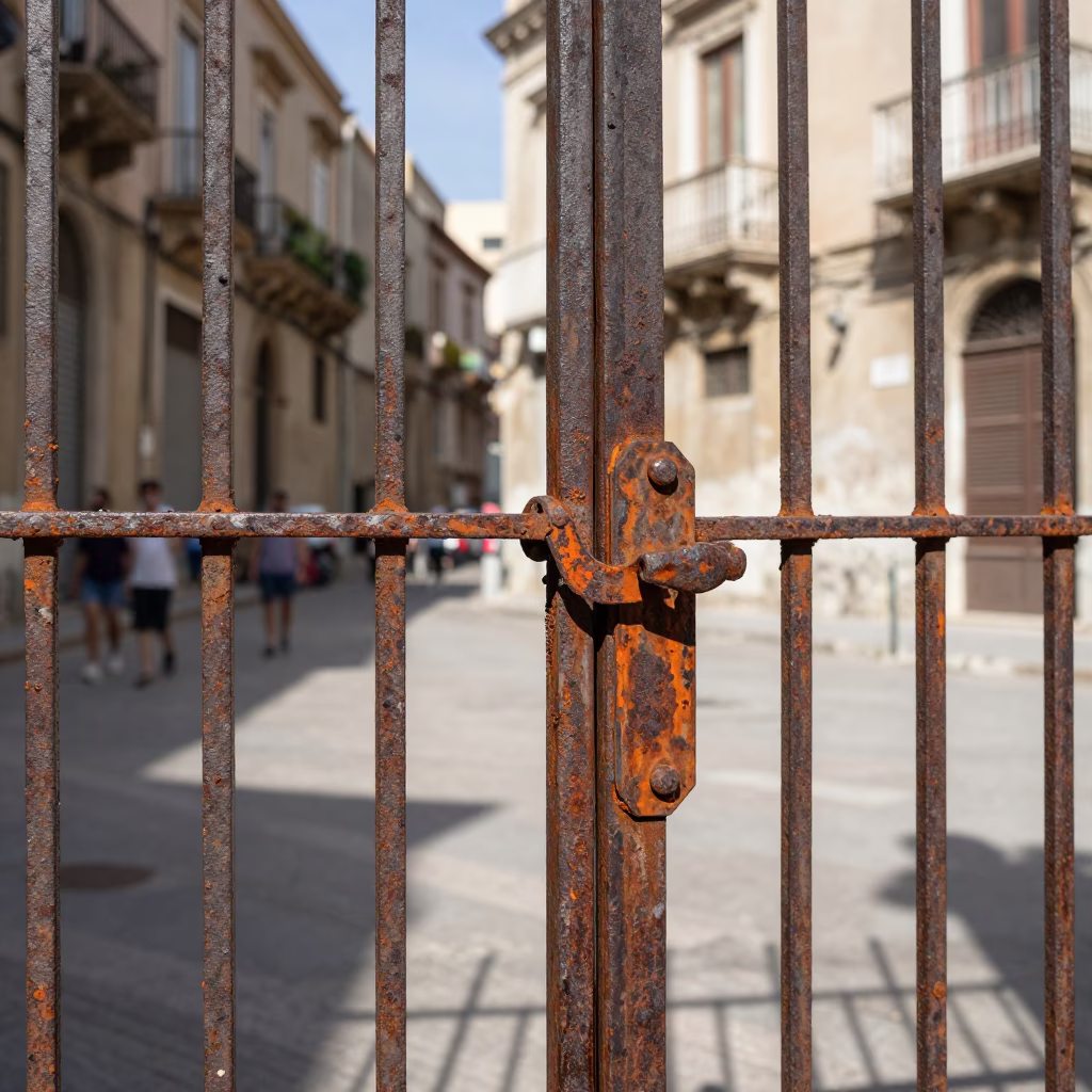 Palermo Sicily Noon Street Scene with Rusty Iron Gate and Local Market Interaction in in Palermo, Italy