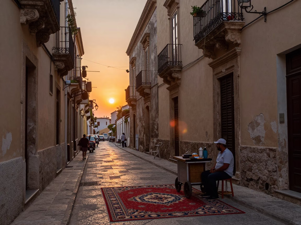 Palermo Sicily Street Scene at Sunset with Patterned Rug and Brass Detail in in Palermo, Italy