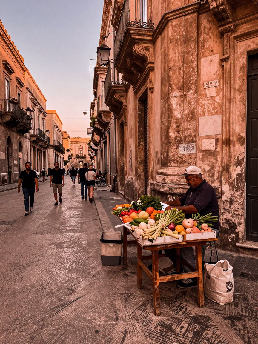 Palermo Sicily Street Scene Before Dusk Copper Light Local Market Life in in Palermo, Italy