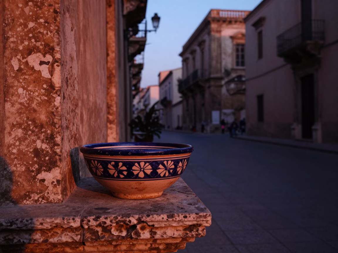 Palermo Sicily Street Scene Copper Dusk Light with Blue White Porcelain Bowl in in Palermo, Italy