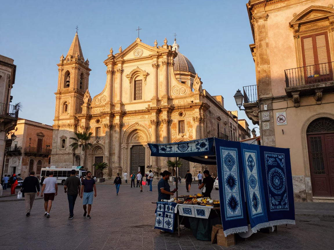 Palermo Sicily Street Scene with Indigo Fabric and Traditional Architecture at Golden Hour in in Palermo, Italy