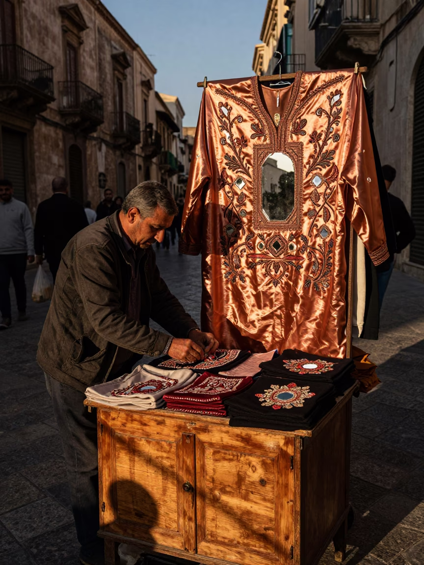 Palermo Sicily Street Vendor Kutch Mirror Embroidery in Copper Dusk Light in in Palermo, Italy