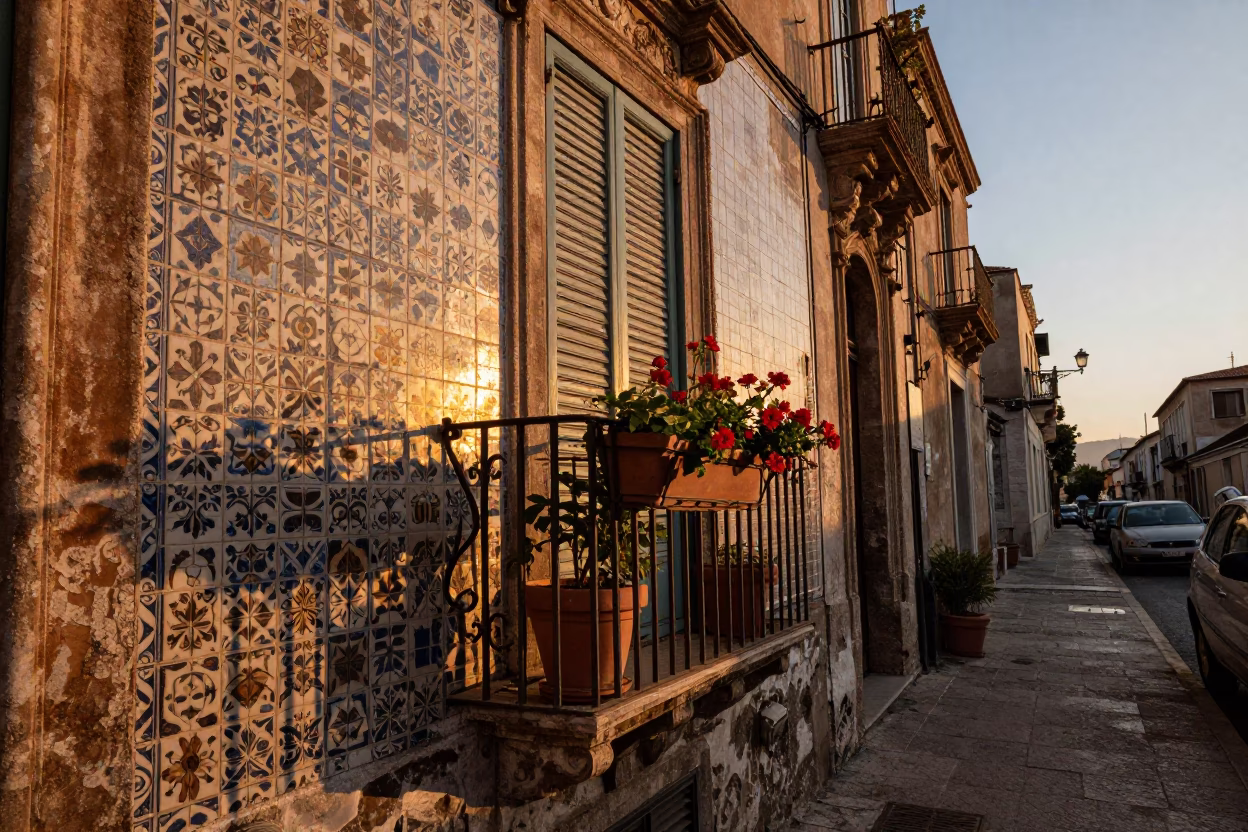 Palermo Sicily Sunset Street Scene with Flowerpot and Local Life in in Palermo, Italy