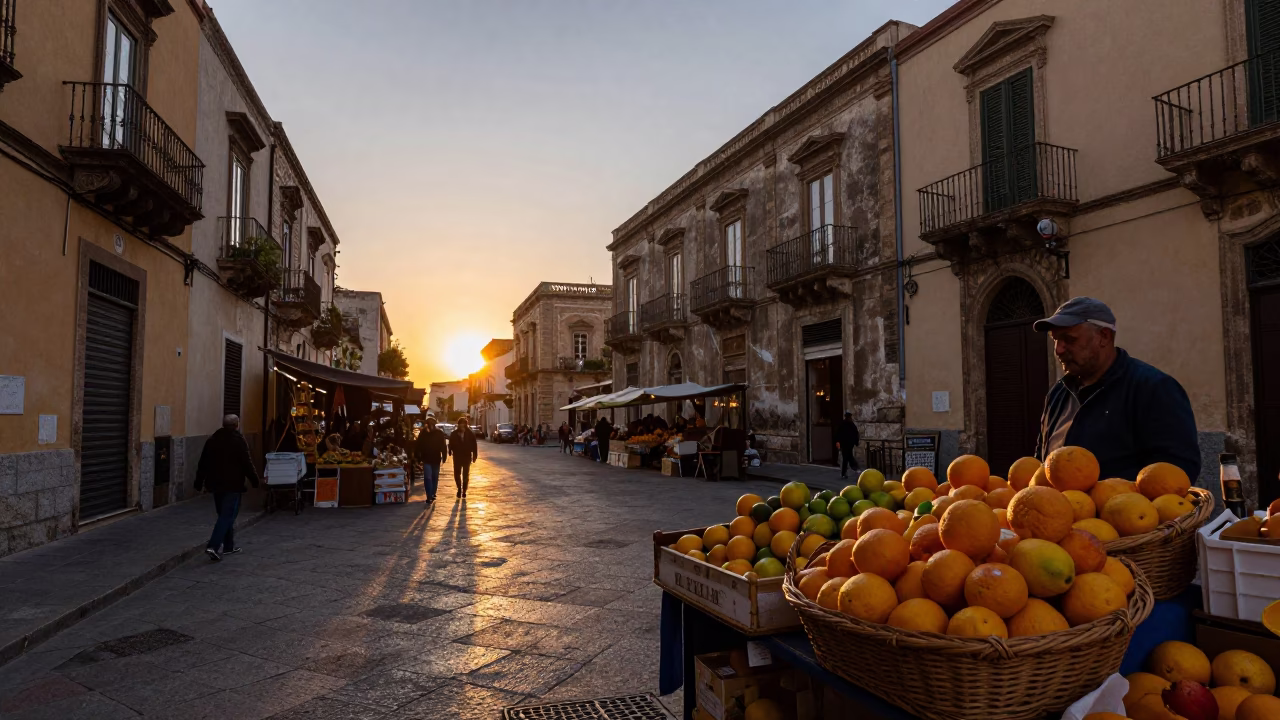 Palermo Sicily Sunset Street Scene with Local Market Goods and Historic Architecture in in Palermo, Italy