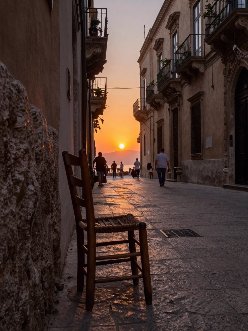 Palermo Sicily Sunset Street Scene with Spindle Chair and Local Life in in Palermo, Italy
