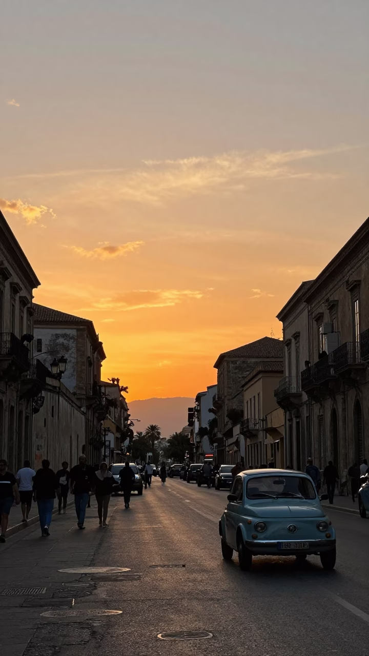 Palermo Sicily Sunset Street Scene with Vintage Car and Local Traffic in in Palermo, Italy