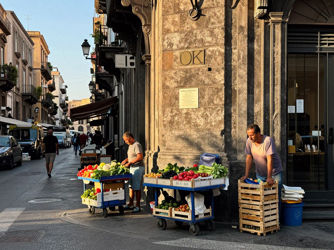 Palermo Street Corner at As First Light Reaches The Scene in in Palermo, Italy