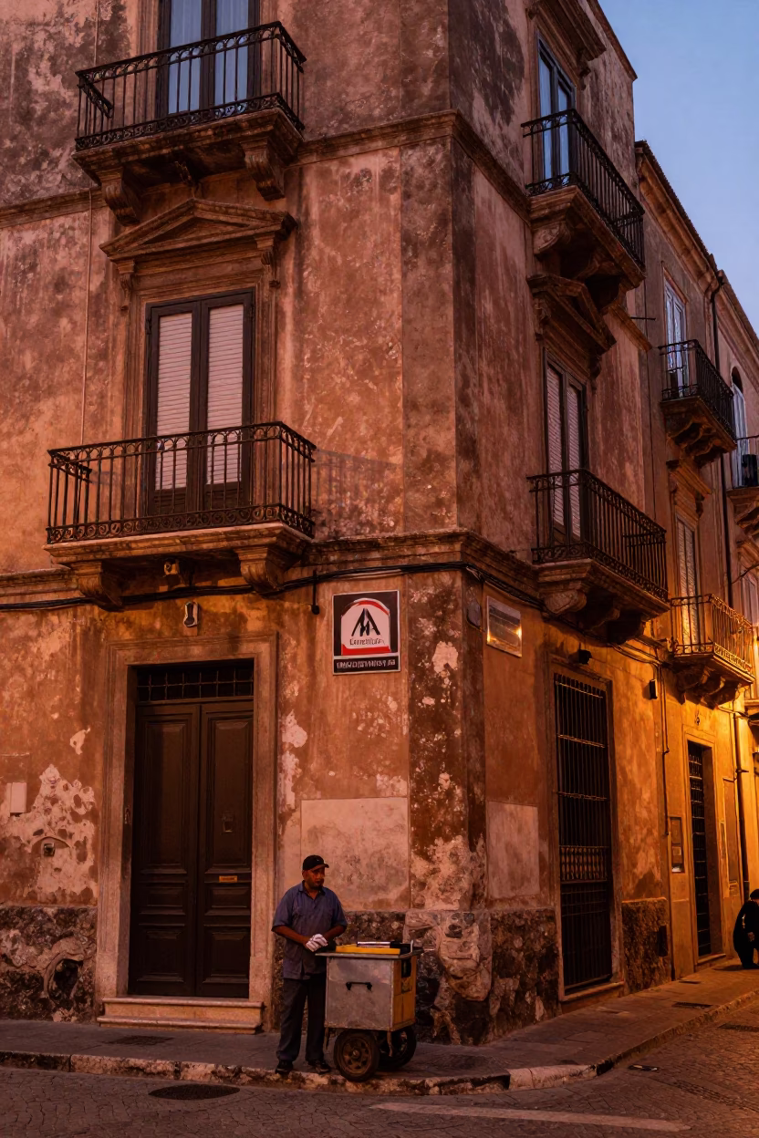 Palermo Street Corner at Copper-toned Light Before Dusk in in Palermo, Italy
