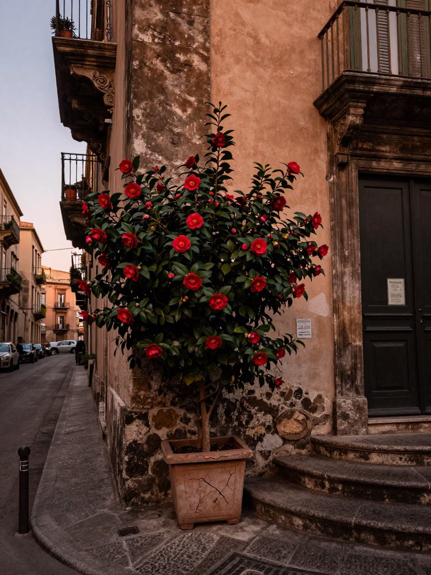 Palermo Street Corner at Dusk with Camellia and Stair Rail in in Palermo, Italy