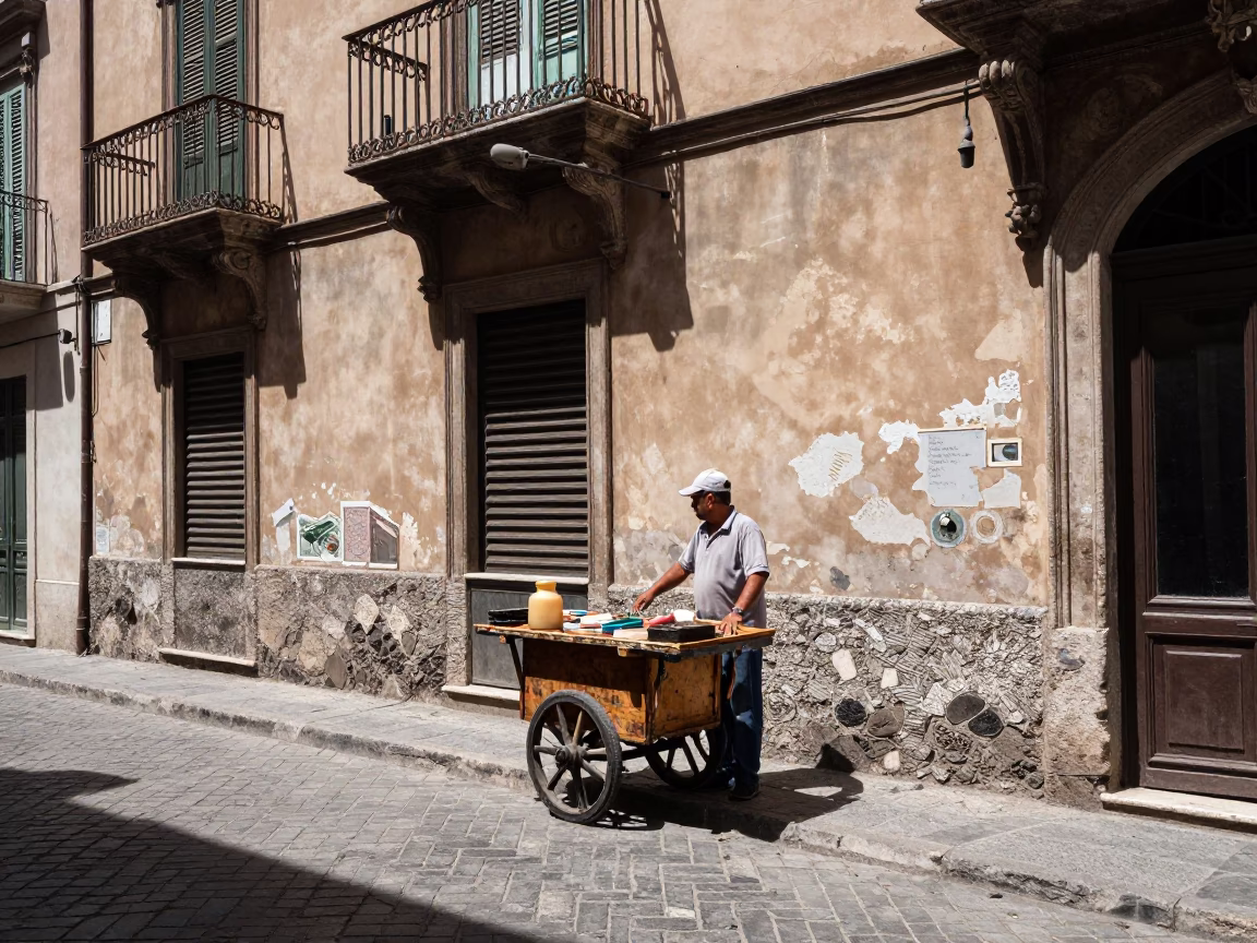 Palermo Street Corner at The Flat Glare Of Noon Light in in Palermo, Italy