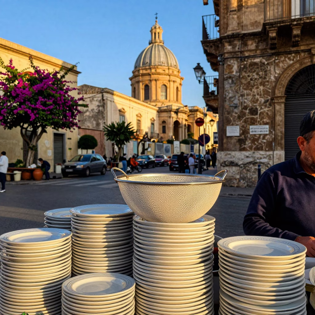 Palermo Street Corner Late Afternoon Light with Bloom and Daily Objects in in Palermo, Italy