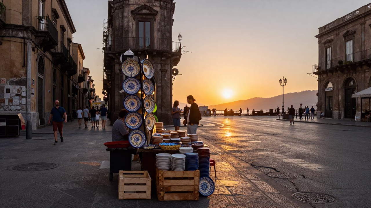 Palermo Street Scene at As The Sun Drops Toward The Horizon in in Palermo, Italy