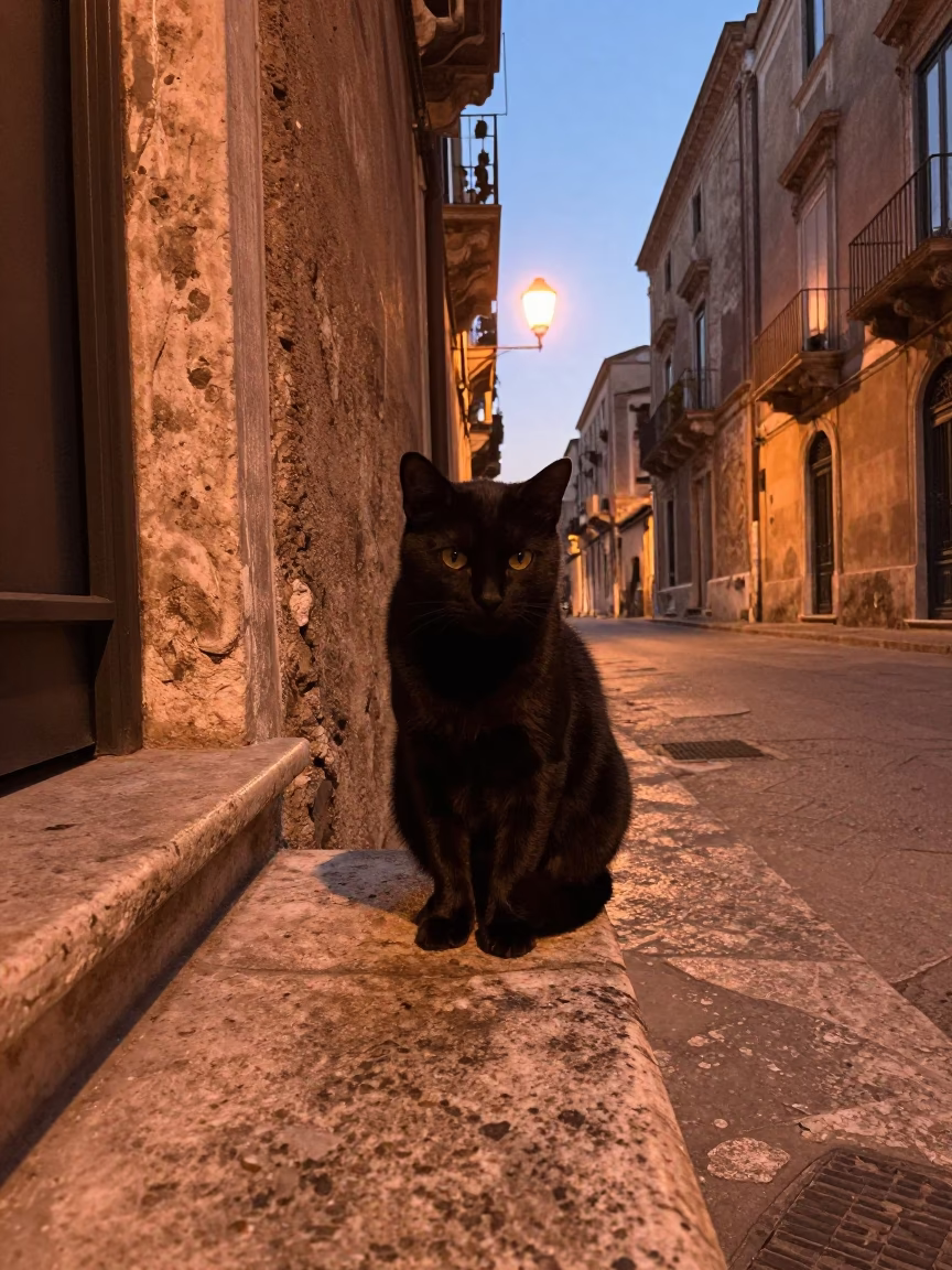 Palermo Street Scene at Copper-toned Light Before Dusk in in Palermo, Italy
